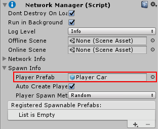 The network manager with a “Player Car” prefab assigned to the Player Prefab field.