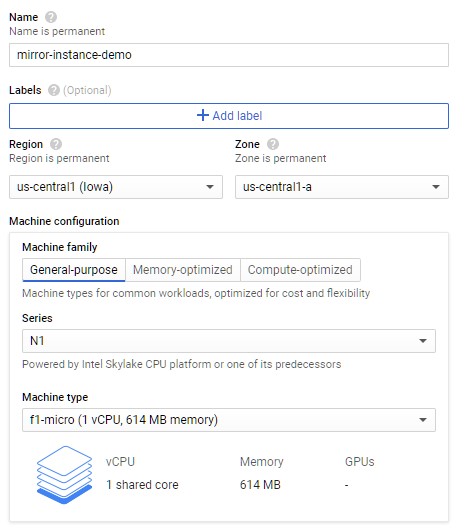 create instance with name and region