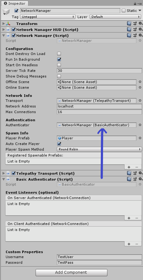 Inspector showing Basic Authenticator component