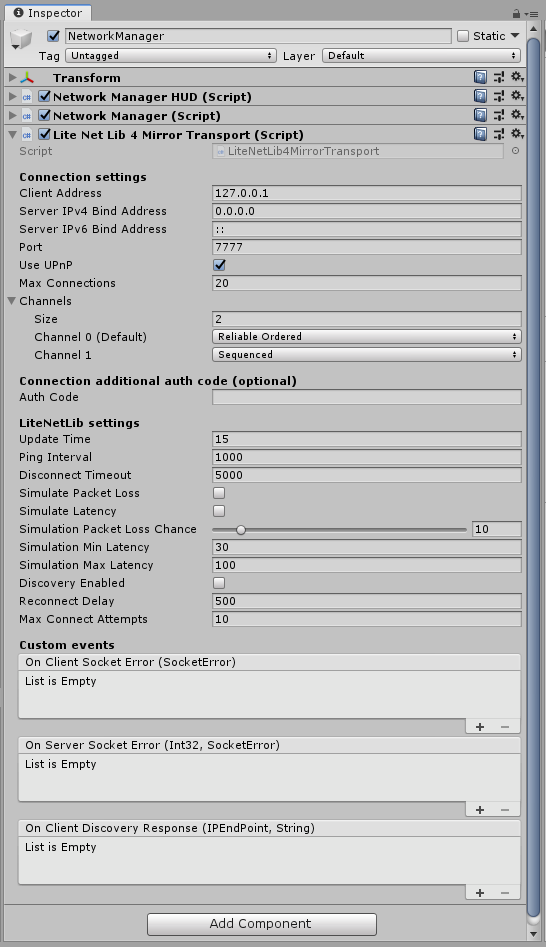 The LiteNetLib4Mirror Transport component in the Inspector window