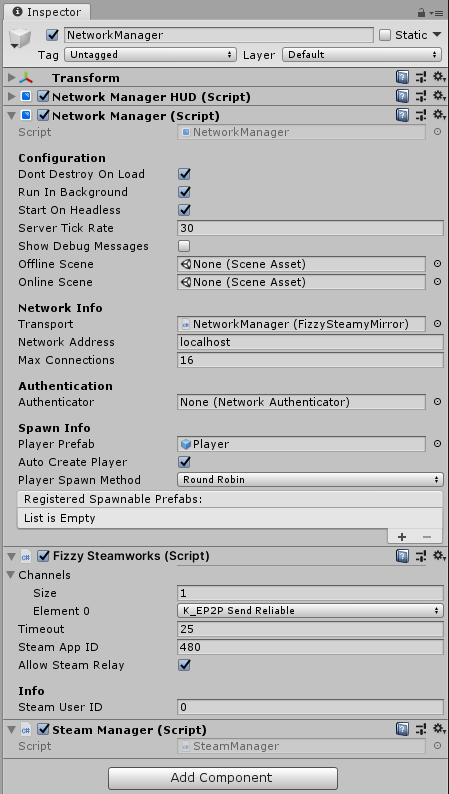 The FizzySteamworks Transport component in the Inspector window