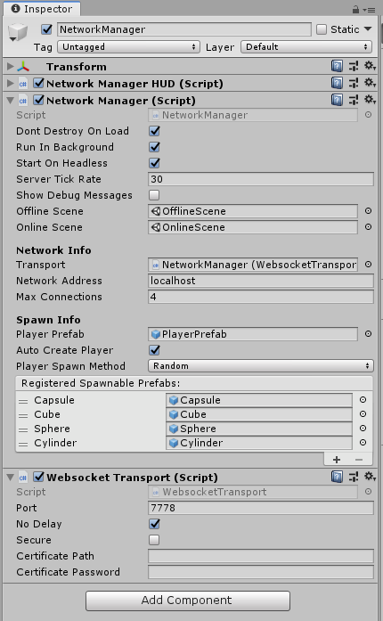 The WebSockets Transport component in the Inspector window