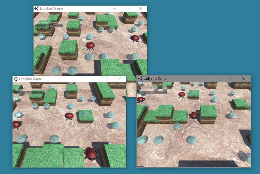 An example of three instances of a networked game running on the same desktop PC. This is useful for quick tests to ensure networked interactions are behaving as you intended. One is running as Host, and two are running as Client.