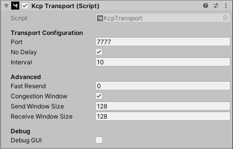 The KCP Transport component in the Inspector window