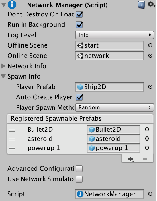 The Network Manager Inspector with the Spawn Info foldout expanded, displaying three assigned Prefabs under Registered Spawnable Prefabs