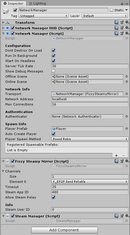 The Fizzy Transport component in the Inspector window